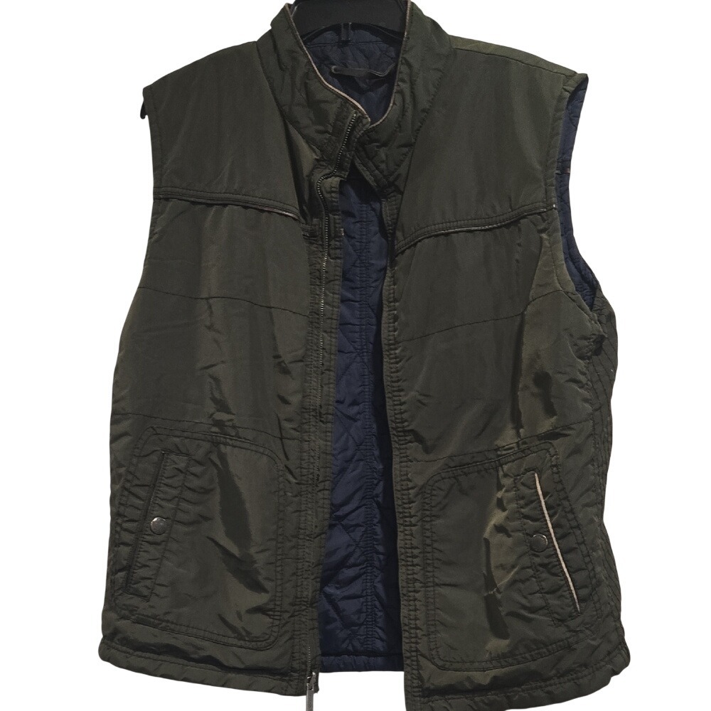 Massimo Dutti Reversible Puffer Vest Mens Olive Green Navy Blue Quilted Full Zip